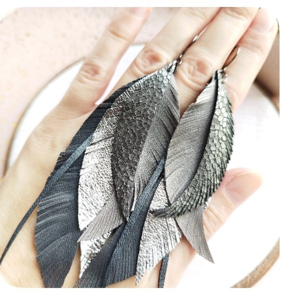 Elegant Silver and Black Feather Earrings
